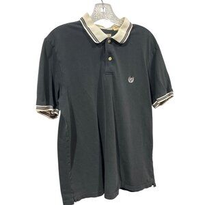 Chaps Navy Polo Shirt M 100% Cotton Embroidered Crest Logo Beige Collar & Cuffs